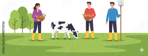 Vector illustration of farmers with cow, baskets of vegetables, and pitchfork in rural agricultural field setting