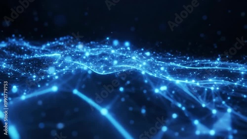 Futuristic Digital Data Stream Flowing Across Dark Background.
