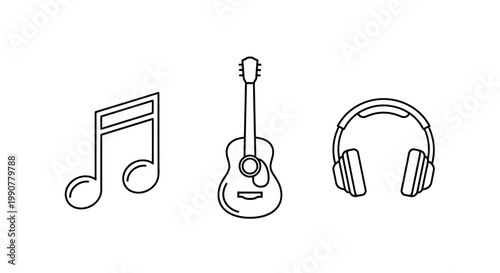 Music note guitar and headphones line art illustration.