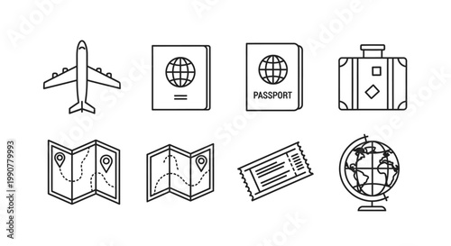 Collection of Travel Icons and Symbols for Tourism and Adventure.