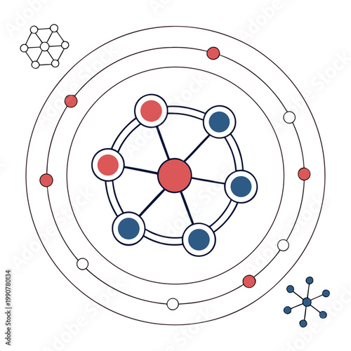 A vector graphic illustration of an atom structure with red and blue electrons orbiting a central nucleus