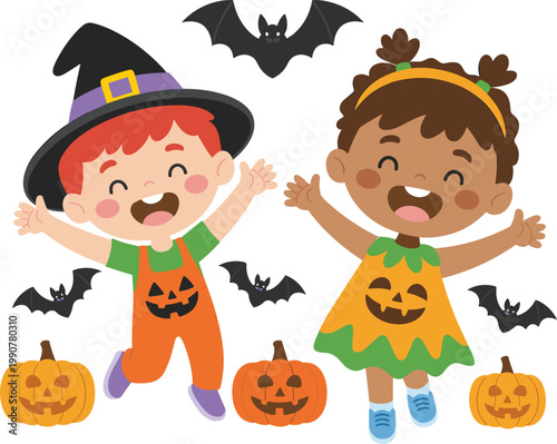 Children celebrating Halloween dressed as pumpkin and witch with decorations