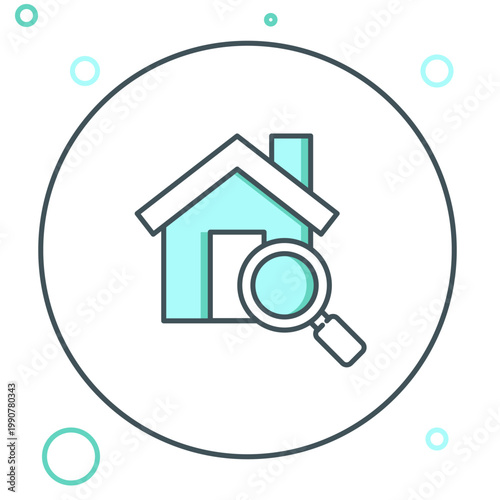 Line Search house icon isolated on white background. Real estate symbol of a house under magnifying glass. Colorful outline concept. Vector