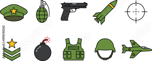 Vector illustration of military icons including cap, grenade, pistol, missile, helmet, jet, and rank insignia