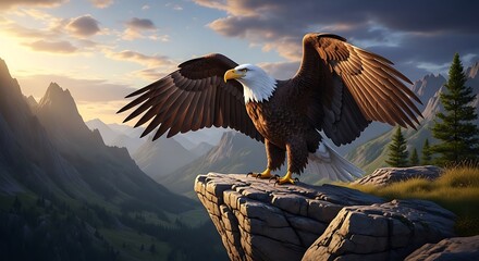 Majestic bald eagle soaring above mountain peaks at sunset a symbol of freedom and power