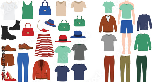 Men and Women Clothing Collection Set with Casual Outfits, Shirts, Pants, Shoes, Hats and Accessories for Fashion Design, Wardrobe Illustration and Apparel Concepts