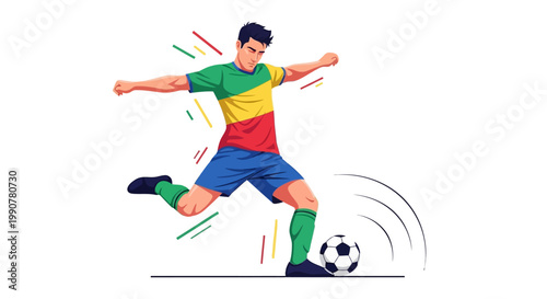 Illustration of soccer player kicking ball in colorful uniform