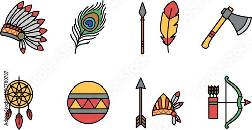 Vector illustration of Native American cultural symbols including headdress, feathers, dreamcatcher, tomahawk, bow, and tribal patterns