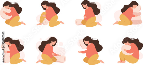 Vector illustration of pregnant woman using pillows for support in comfortable sitting and kneeling resting positions