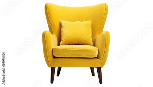 Luxurious yellow velvet armchair with a matching cushion, elegant mid-century modern design
