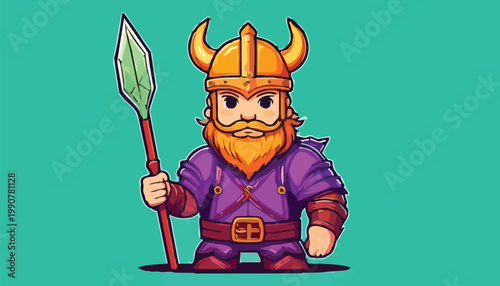 Canvas Print Cartoon Viking Warrior with Spear Ready for Battle.