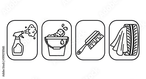Set of linear icons for car washing, including spray bottle, bucket with soap, brush, and tire with cloth