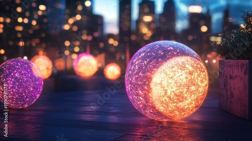 Glowing spheres amidst city lights
