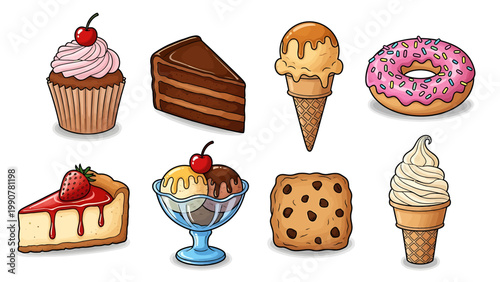 Collection of delicious and assorted desserts including cupcakes, cake slices, ice cream cones, a donut, and a strawberry tart