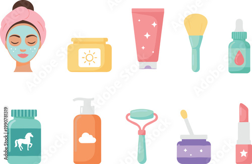 Vector illustration of skincare and beauty products including facial mask, serum, lotion, jade roller, and lipstick