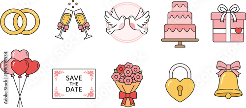 Vector illustration of wedding icons including rings, cake, champagne glasses, doves, balloons, bouquet, and celebration symbols