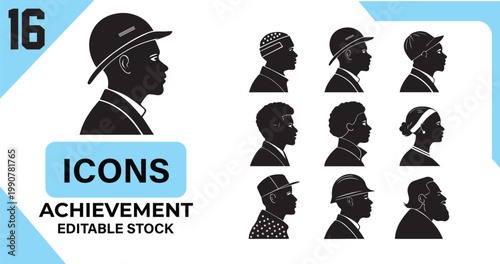 Silhouette Profile Icons of Diverse Individuals Wearing Hats Keywords: silhouette, profile, icon
