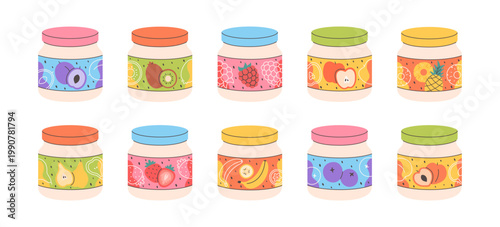 Fruit puree jars. Organic baby food, healthy snacks. Perfect for packaging design, branding, posters, educational materials related to natural food and childcare. Flat vector illustration