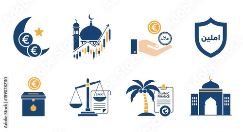 Islamic Finance and Banking Icons Set with Mosque, Zakat, and Halal Concepts.