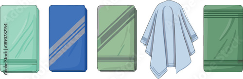 Minimalist Towel Set Vector Illustration with Folded Bath Towels and Hanging Fabric Cloth for Bathroom, Laundry, and Home Textile Design