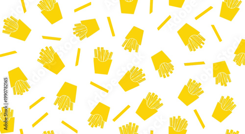 Vibrant yellow french fries pattern with stylized takeout containers and single potato sticks.