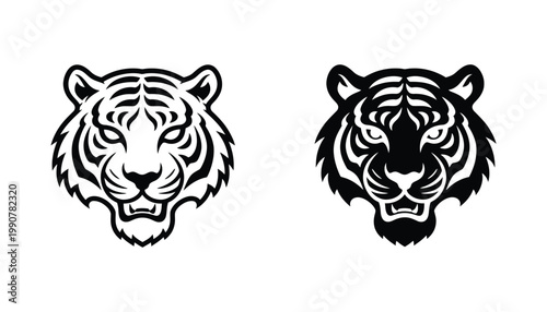 Majestic tiger head portrait in bold tribal tattoo style for powerful animal branding and wildlife conservation logo design in black and white vector