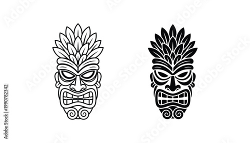 Tribal tiki mask totem head silhouette in detailed artistic style for tropical island culture and vacation branding in black and white vector illustration