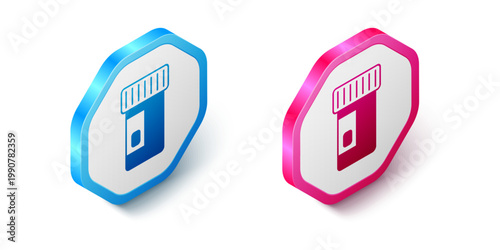 Isometric Vitamin complex of pill capsule icon isolated on white background. Healthy lifestyle. Hexagon button. Vector