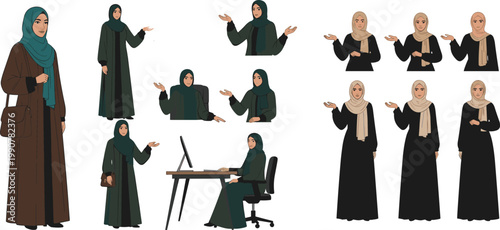 Ancient aMuslim Businesswoman Character Set with Hijab Showing Office Activities, Communication, Presentation, and Working Scenes in Flat Vector Illustration Style