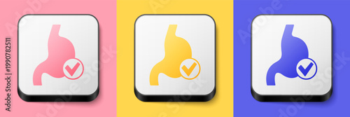 Isometric Human stomach health icon isolated on pink, yellow and blue background. Square button. Vector