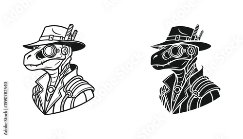 Cyberpunk dinosaur detective character in trench coat and steampunk goggles for sci-fi illustration