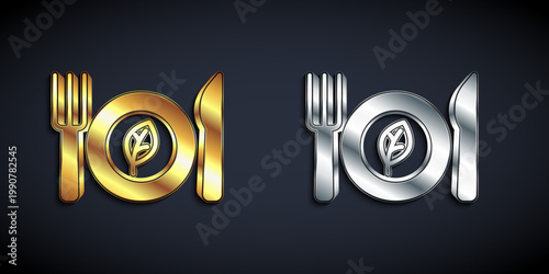 Gold and silver Vegan food diet icon isolated on black background. Organic, bio, eco symbol. Vegan, no meat, lactose free, healthy, fresh and nonviolent food. Long shadow style. Vector