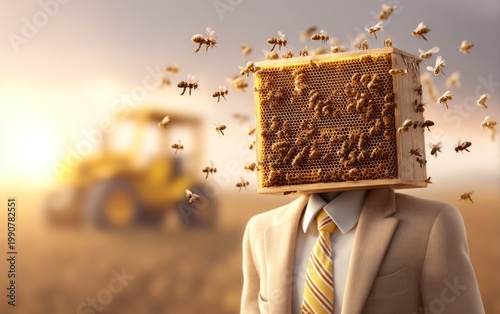 Businessman with Beehive Head Surrounded by Flying Bees Outdoor Landscape