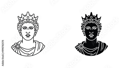 Ancient Roman emperor bust silhouette and line art icons representing classic history and leadership