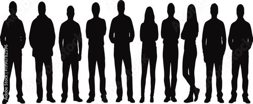 A row of silhouettes diverse human figures standing together in a unified dark composition