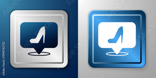 White Woman shoe with high heel icon isolated on blue and grey background. Silver and blue square button. Vector