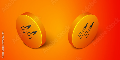 Isometric Dart arrow icon isolated on orange background. Orange circle button. Vector