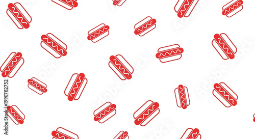 Red line art hot dog icons scattered in a seamless pattern for food packaging or web design.