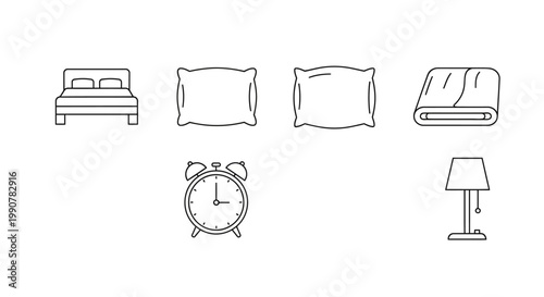 Line drawing of bedroom objects.