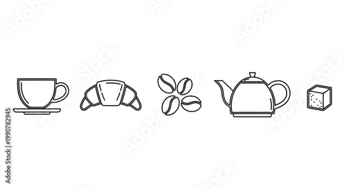 Coffee cup and breakfast items.