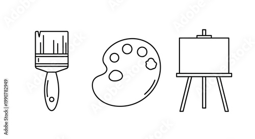 Artistic tools set with paintbrush palette and easel for creative work.