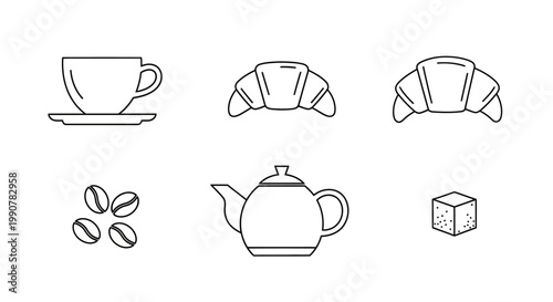 Minimalist Line Art Collection of Breakfast and Coffee Elements.