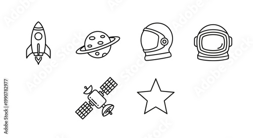Space Exploration Icons Line Art Style.