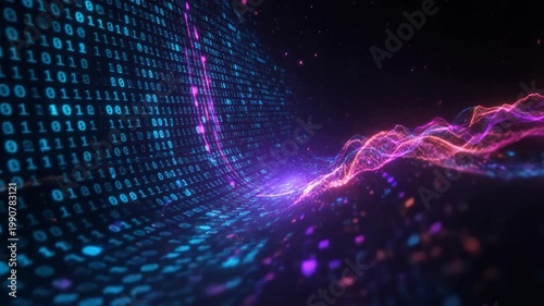 Futuristic Digital Data Stream with Vibrant Light Waves.