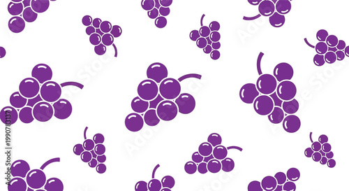 Seamless pattern of stylized purple grape bunches with small stems and round berries