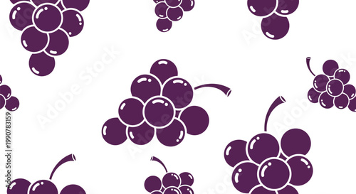 Seamless pattern of purple grape bunches with small stems and light reflections on the berries