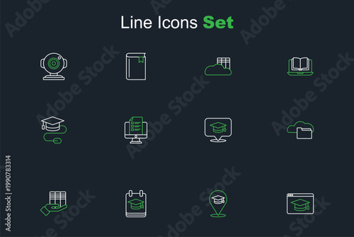 Set line Online education, Book donation, Cloud or online library, Graduation cap speech bubble, quiz, test, survey and with mouse icon. Vector