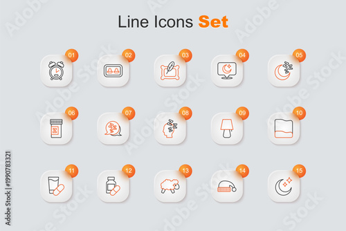 Set line Moon and stars, Sleeping hat, Sheep, pill, Pillow, Table lamp and Dreams icon. Vector