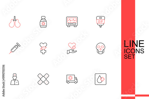 Set line Blood test, Ambulance car, Crossed bandage plaster, Male doctor, Skull, Heart with cross, Ethnoscience and Syringe icon. Vector