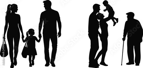 family, silhouette, people, parents, child, kids, father, mother, walking, together, love, care, relationship, parenting, senior, black, isolated, background, bonding, concept